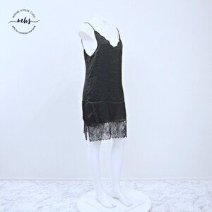 NWT Ecru Lab Spaghetti Strap Scalloped Lined Lace Shift Mini Dress Black Women M